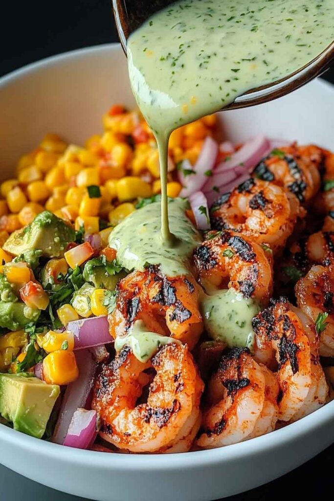 Grilled Shrimp Bowl with Avocado Corn Salsa & Creamy Sauce A Fresh and Flavorful Feast