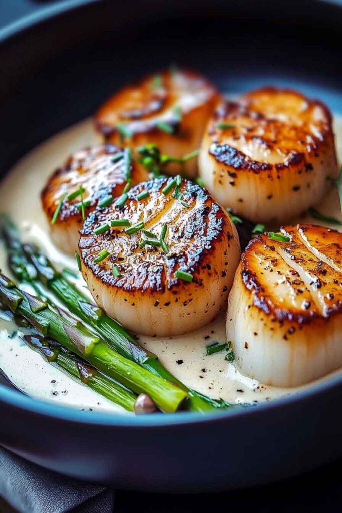 Seared Scallop Bowls with Asparagus & Creamy Sauce